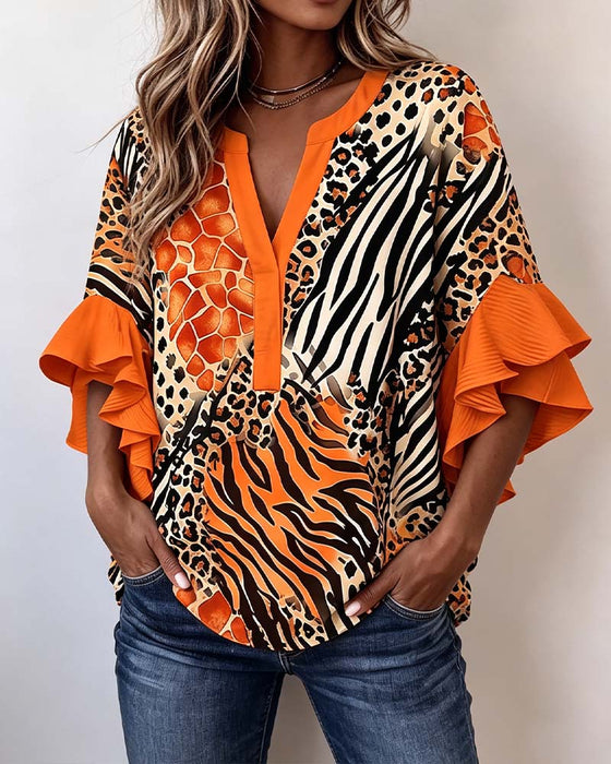 Bluse Zebra Leopard Tryk Ruffle Ærme
