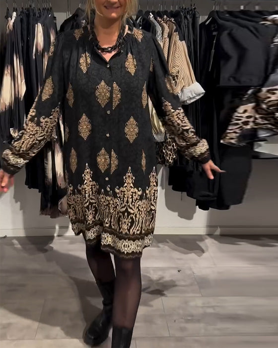 Revers-kjole med vintage-print med knapper