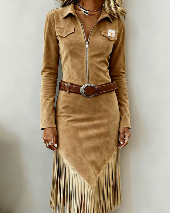 Ensfarvet Kjole Med Halv Lynlås Og Dusk