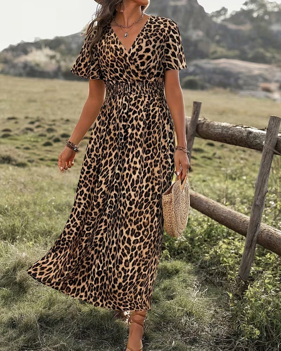 Kjole Leopard V-Hals Elastisk Talje A-Linje