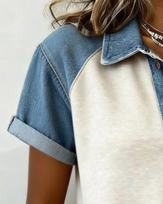 T-Shirt Denim Farve Blok Kort Ærme