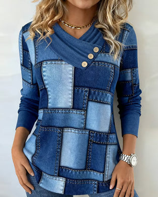 Langærmet Top Med V-Hals Og Kontrast I Ensfarve