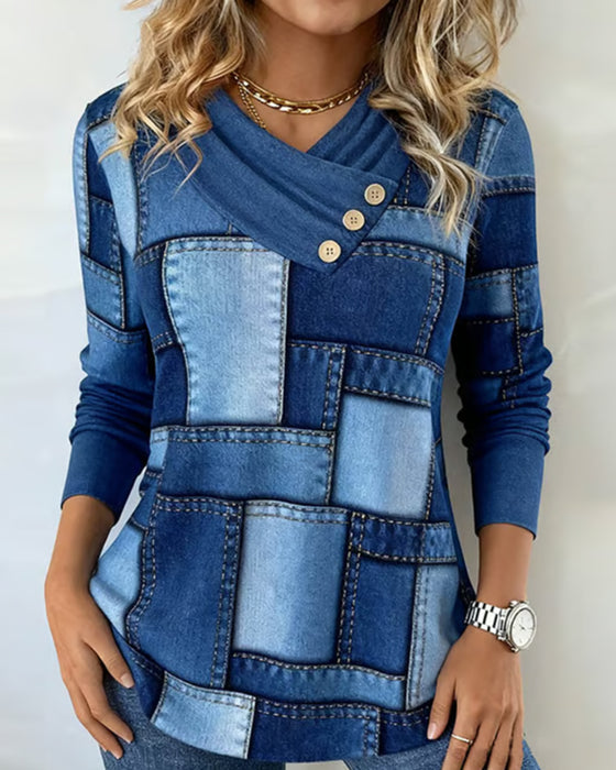 Langærmet Top Med V-Hals Og Kontrast I Ensfarve