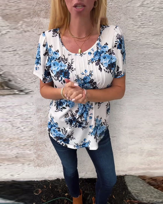 T-Shirt Med Rund Hals Blomsterprint Plisseret