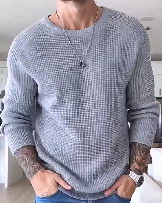 Pullover Herre Rund Hals Vaffel Langærmet