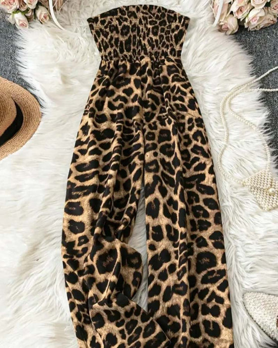 Jumpsuit Stropløs Leopard Tryk Bred Ben Taljeret