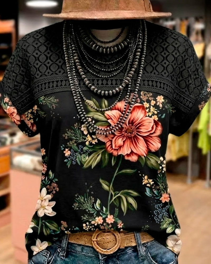 T-Shirt Udskæring Patchwork Kort Ærme