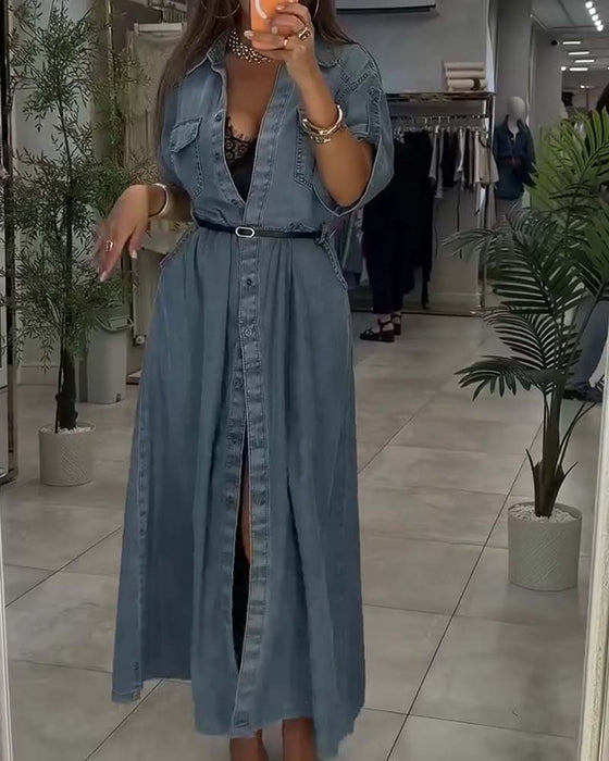 Kjole Skjorte Krave Lomme Knap Denim