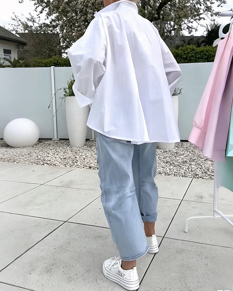 Oversized Bluse Med V-Udskæring Og Faldende Skuldre