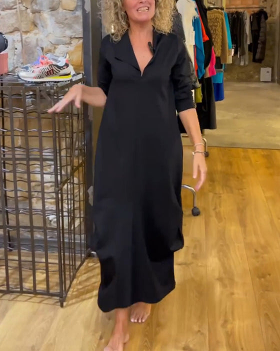 Ensfarvet Kjole Med V-Udskæring Og A-Linje