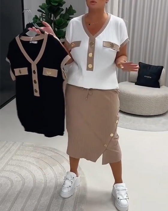 T-Shirt V-Hals Moden Ribbet Knap