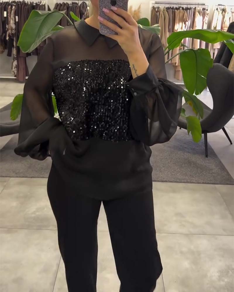 Bluse Ensfarvet Puffærme Krave