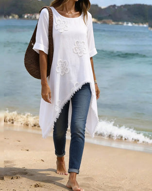 Bluse Rund Hals Løs Asymmetrisk