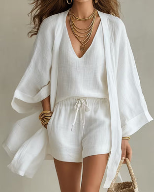 Tredelt Sæt V-Udskæring Tanktop Cardigan Shorts