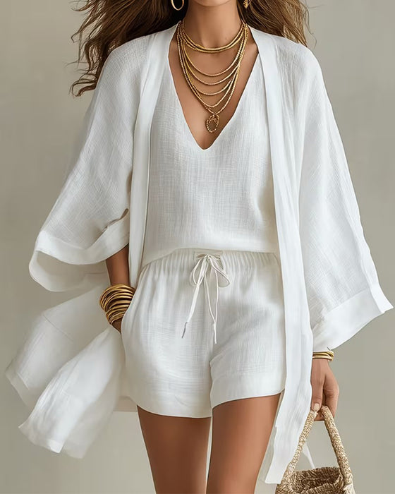 Tredelt Sæt V-Udskæring Tanktop Cardigan Shorts
