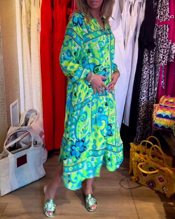 Lang grøn kjole i løs pasform med print