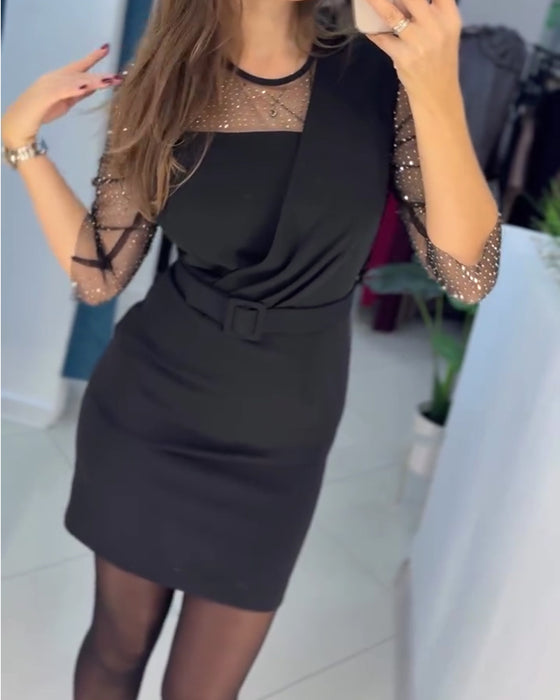Kjole Mesh Hætte Rhinestone Slim Fit Høfteomfavnende