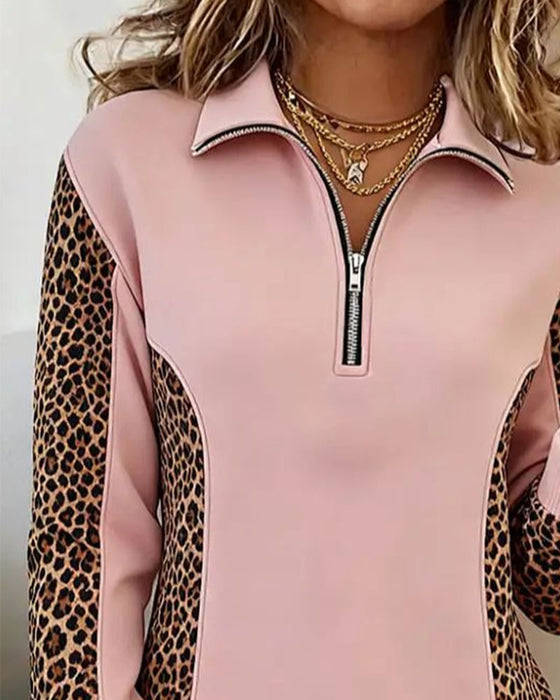 Sweatshirt Leopardprint Halv-Zip Revers