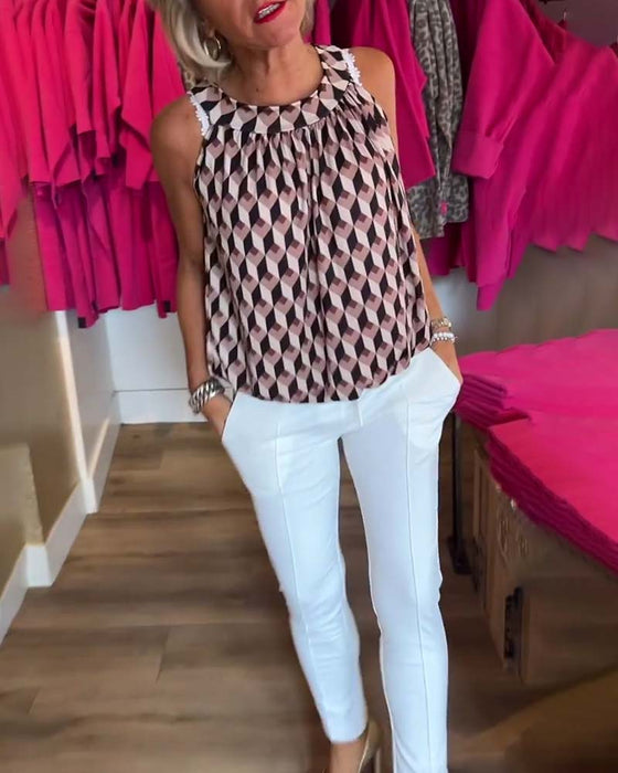 Afslappet top uden ærmer med diamantprint