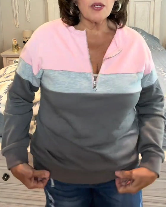 Sweatshirt Med Lynlås, Stående Krave Og Farveblokering Langærmet