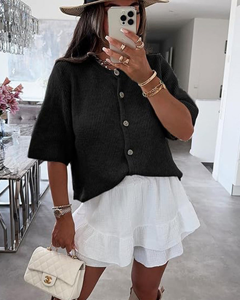 Trøje Cardigan Ensfarvet Knapforkant Kortærmet