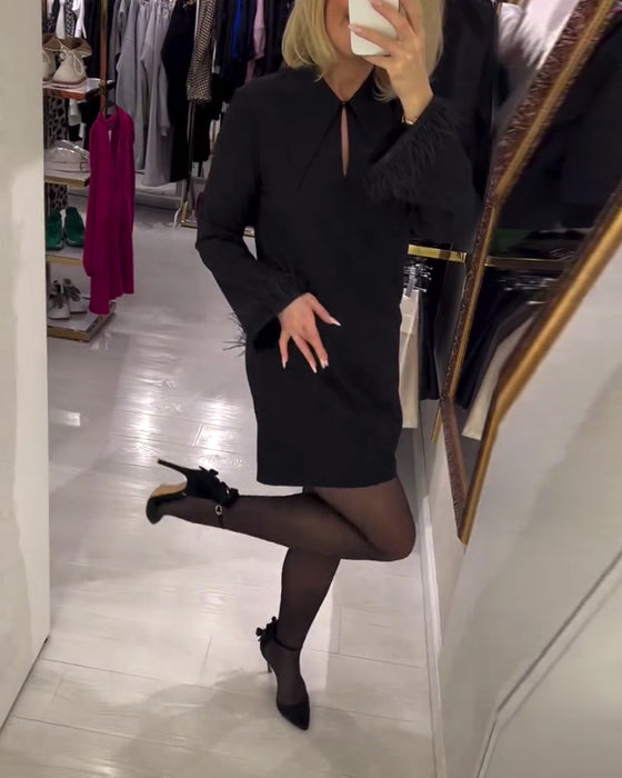 Ensfarvet Lige Skåret Langærmet Kjole