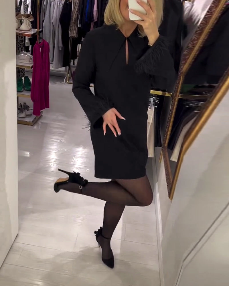 Ensfarvet Lige Skåret Langærmet Kjole