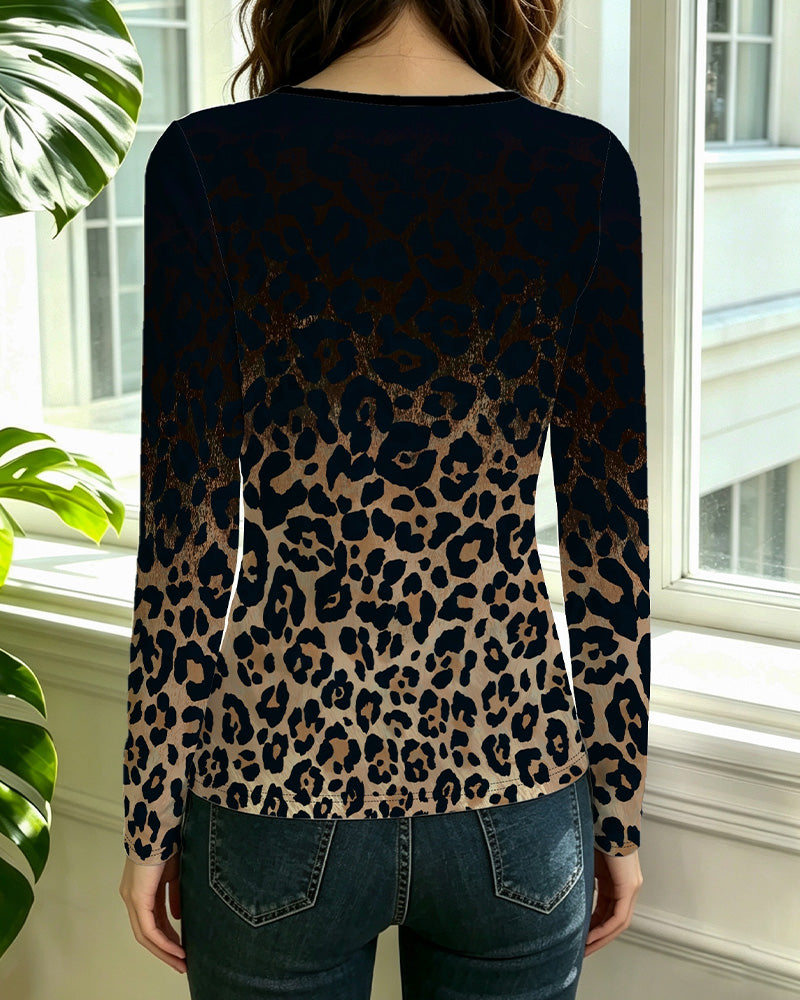 Top Hul Rund Hals Gradient Leopardmønster
