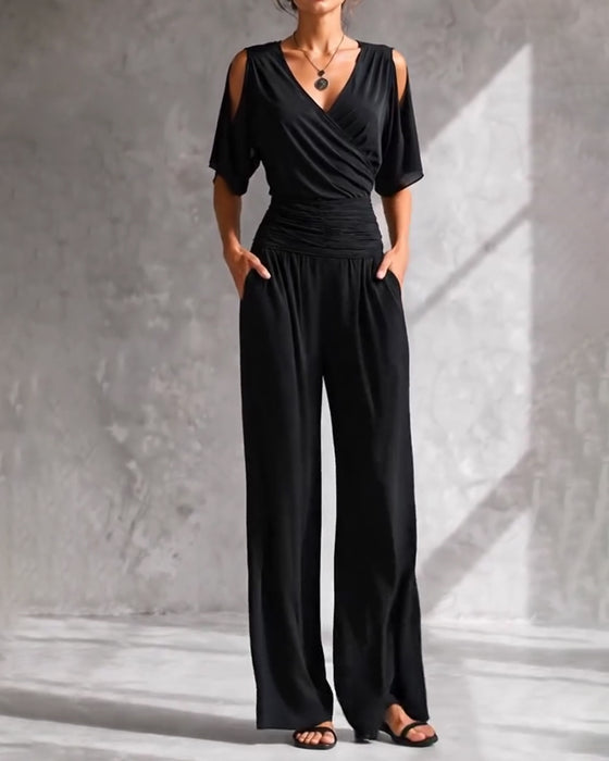 Jumpsuit V-Hals Crossover Kold Skulder Talje Lomme