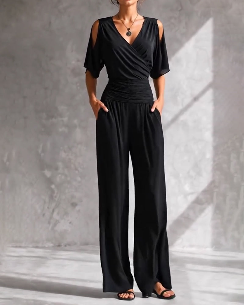 Jumpsuit V-Hals Crossover Kold Skulder Talje Lomme