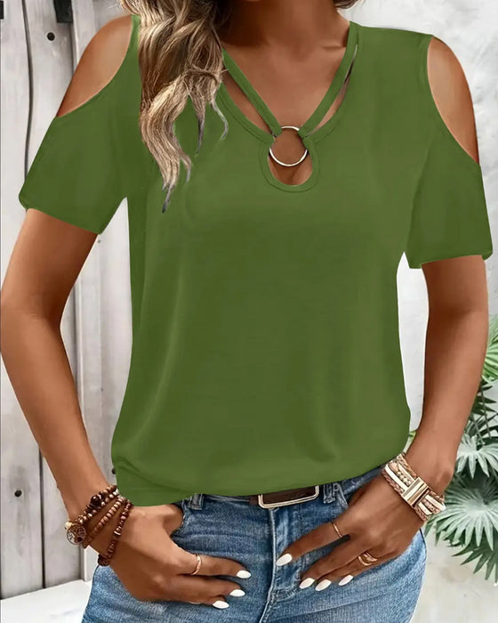 T-Shirt Off-Shoulder Ring Spænde Kort Ærme
