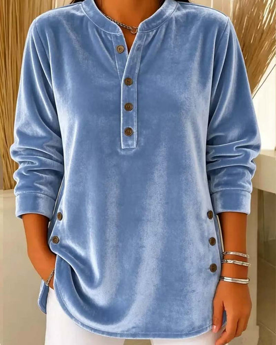 Bluse Afslappet Lang Ærme Henley