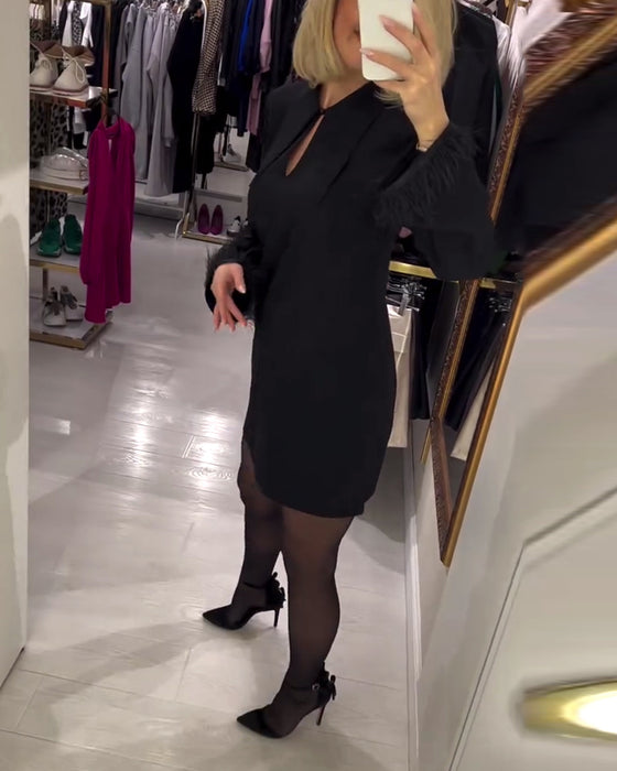 Ensfarvet Lige Skåret Langærmet Kjole