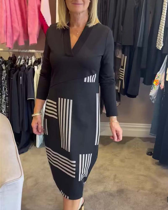 Kjole Geometrisk Stribe V-Hals Bodycon Midi