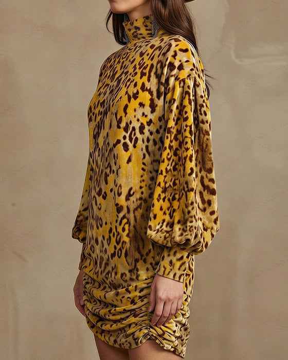 Kjole Høj Hals Leopard Lanterne Ærme Elegant