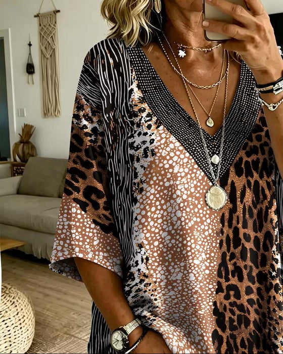 Top V-Hals Leopard Prik Farveblok