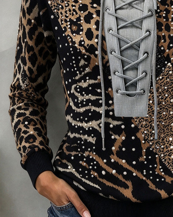 Sweatshirt Bind Leopard Patchwork Figursyet