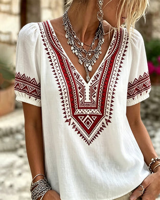 Bluse V-Hals Bohemian Bobble Ærme