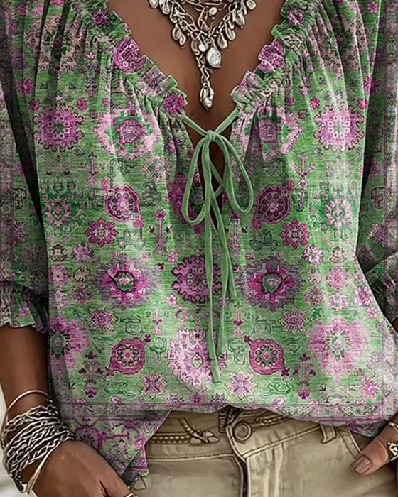 Bluse V-Hals Bindebånd Vintage Tryk