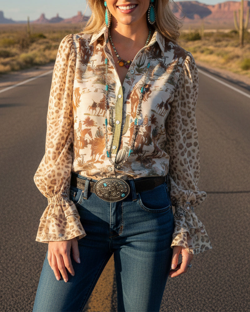 Skjorte Krave Vintage Tryk Puf Ærme