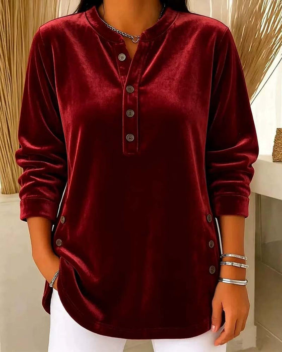 Bluse Afslappet Lang Ærme Henley