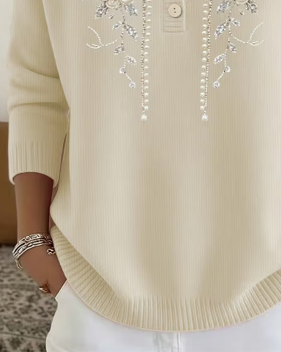 Sweatshirt Rund Hals Knappelukning Blomstret Langærmet