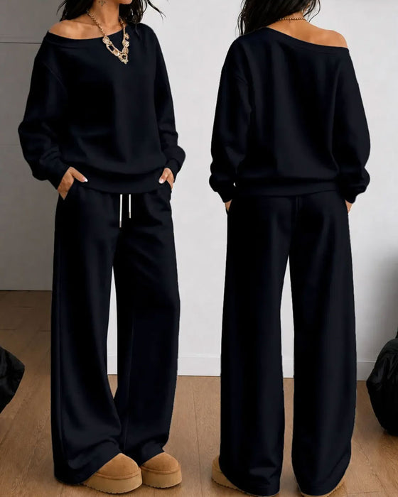 Sæt En Skulder Casual Sweatshirt Lange Bukser