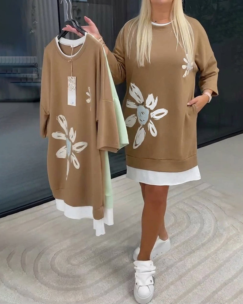 Sweatshirtkjole Rund Hals Trykt Patchwork