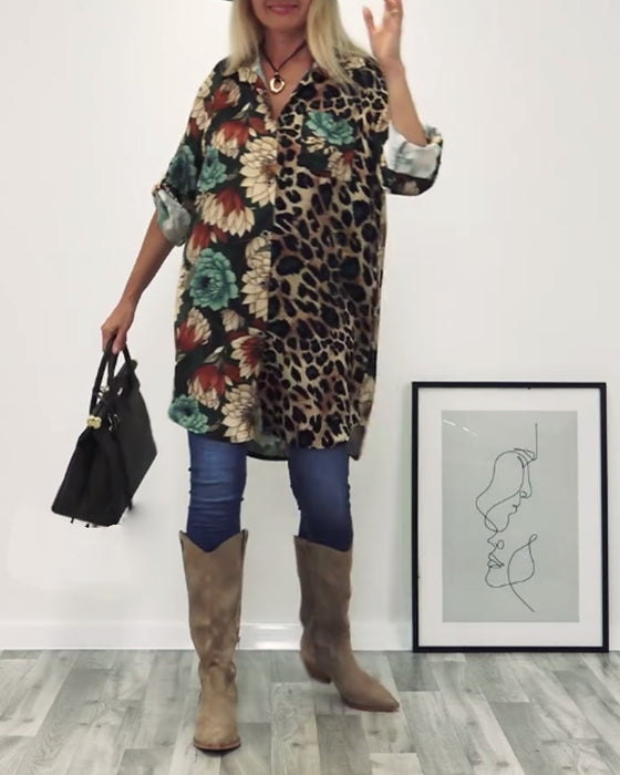 Revers patchworkskjorte med leopardprint