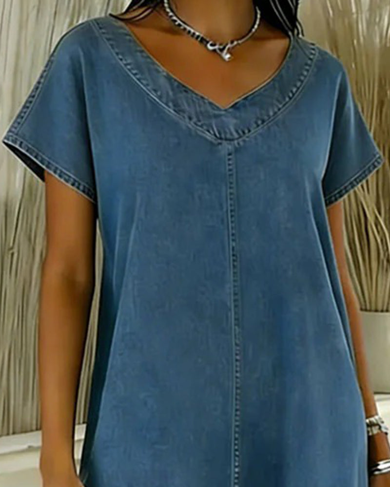 Kjole Afslappet V-Udskæring Kort Ærme Denim