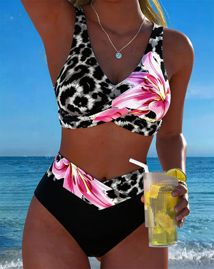 Bikini Leopard Tryk Blomstret Kontrastfarve