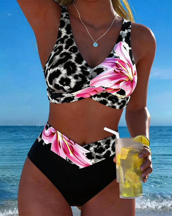 Bikini Leopard Tryk Blomstret Kontrastfarve