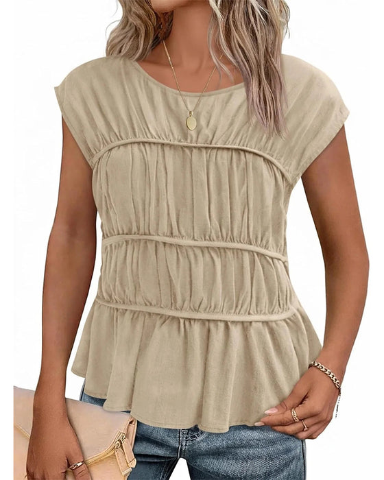 Bluse Rund Hals Rynket Talje