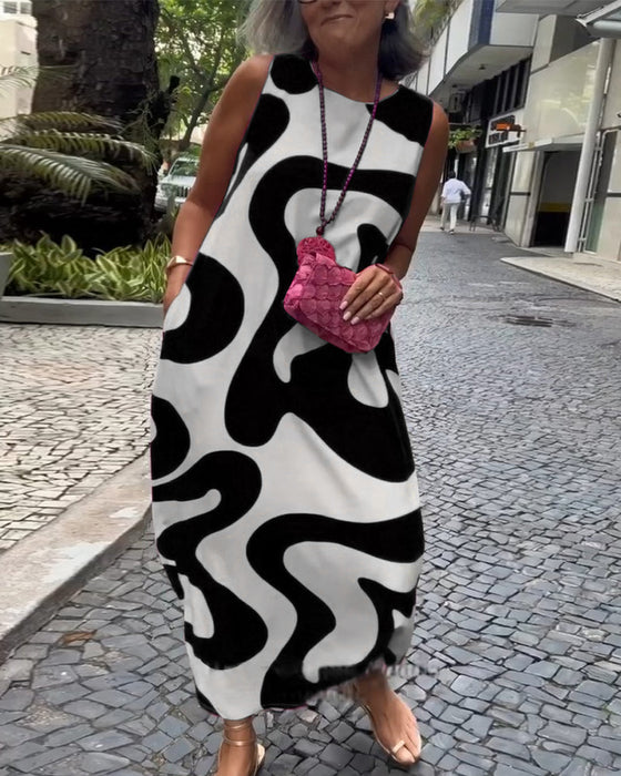 Rund Hals Ærmløs Kjole Med Geometrisk Tryk